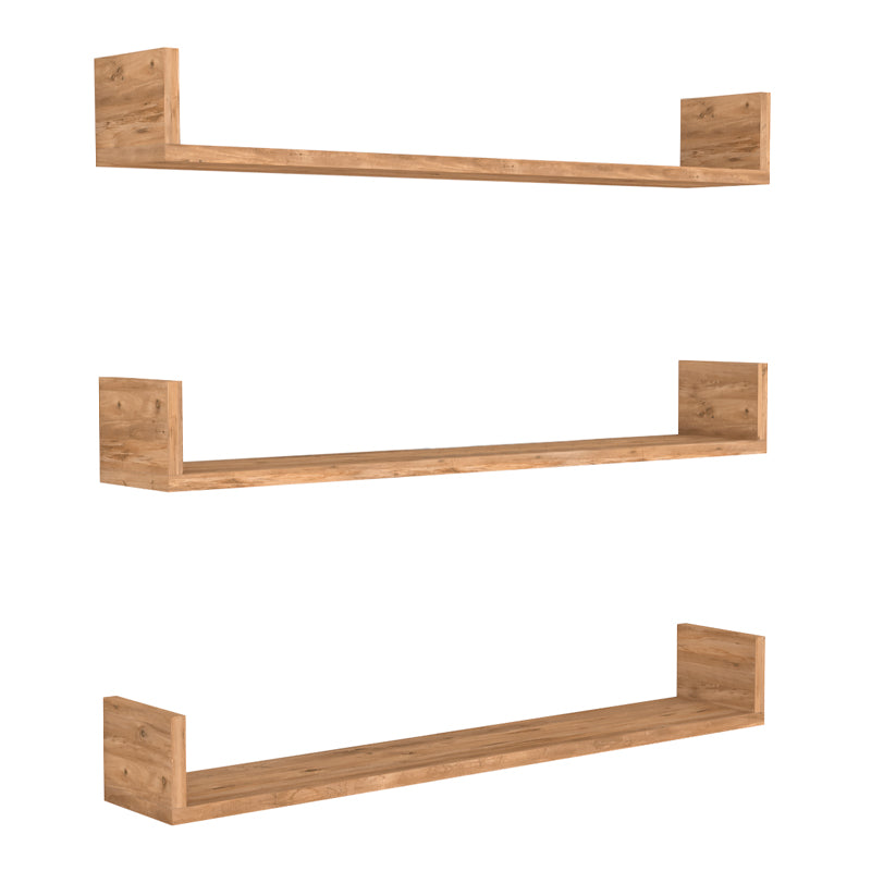 CARRA Wall Shelves Set featuring three oak melamine shelves, elegantly displayed against a wall, showcasing their sleek design and functionality.