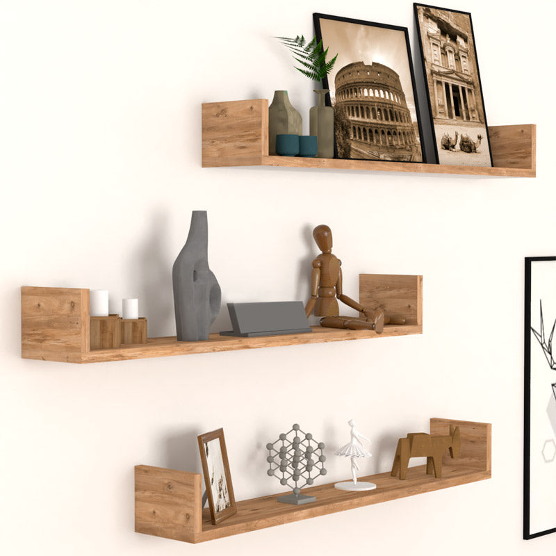 CARRA Wall Shelves Set featuring three oak melamine shelves, elegantly displayed against a wall, showcasing their sleek design and functionality.