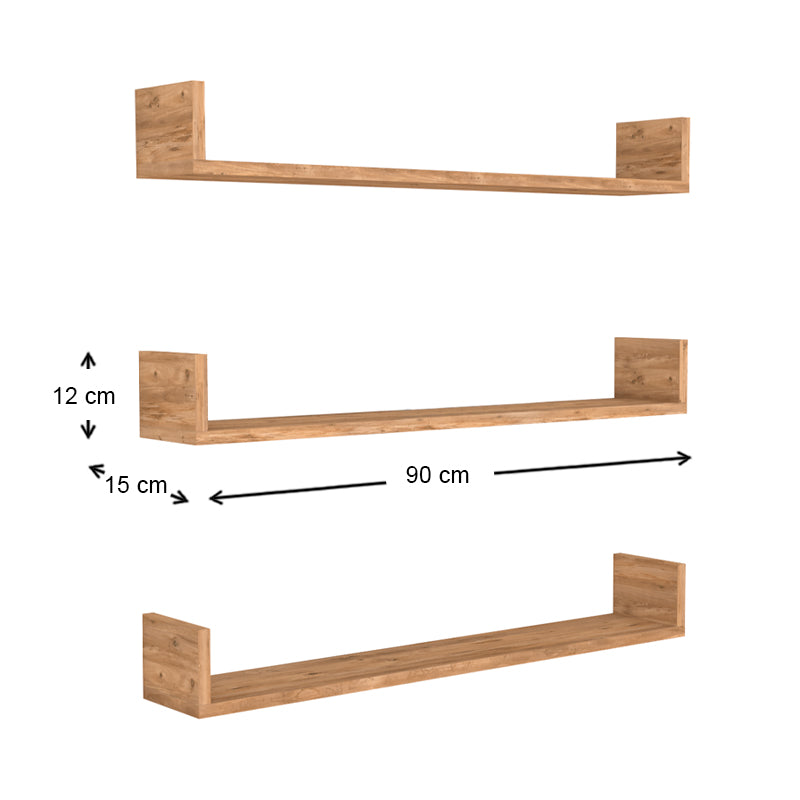 CARRA Wall Shelves Set featuring three oak melamine shelves, elegantly displayed against a wall, showcasing their sleek design and functionality.