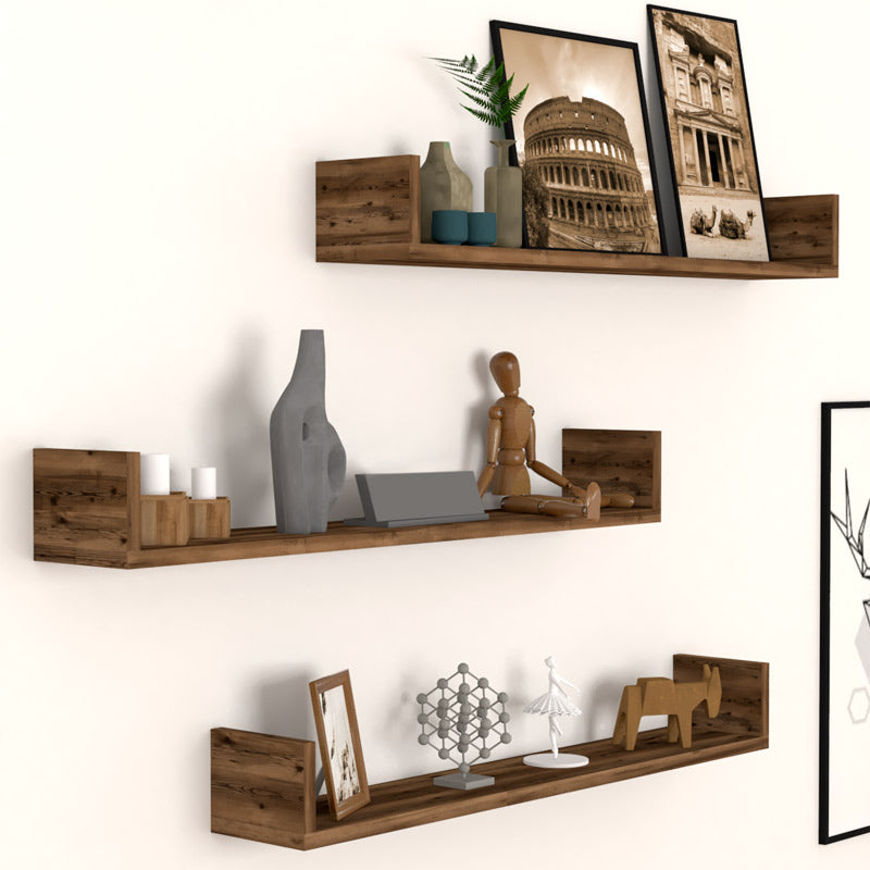 CARRA Wall Shelves Set of 3 in smoked walnut finish, showcasing elegant design and sturdy construction.