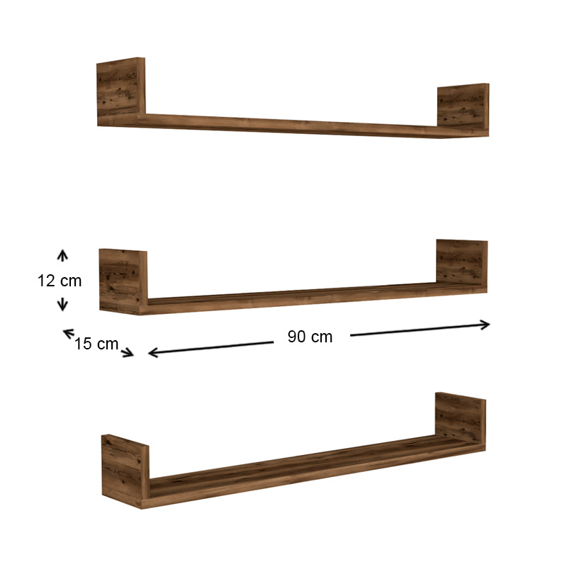 CARRA Wall Shelves Set of 3 in smoked walnut finish, showcasing elegant design and sturdy construction.