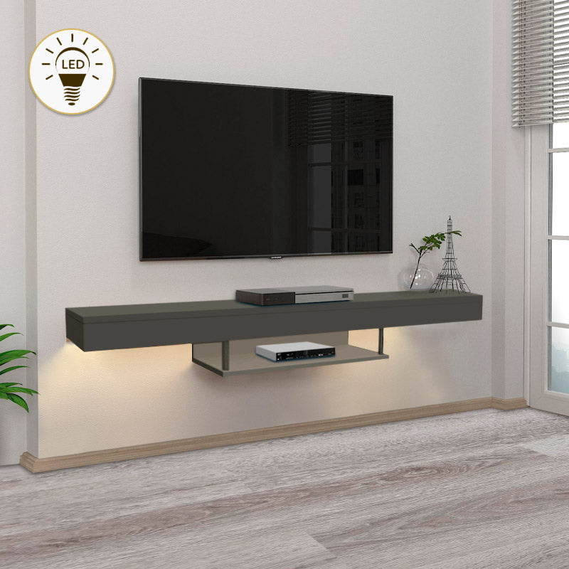 Wall-mounted CARUSSO TV stand in anthracite with LED lighting, showcasing modern design and sleek finish.