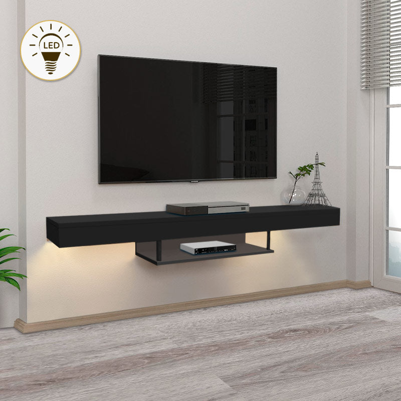 Wall-mounted CARUSSO TV stand in black with LED lighting, showcasing modern design and sleek lines.