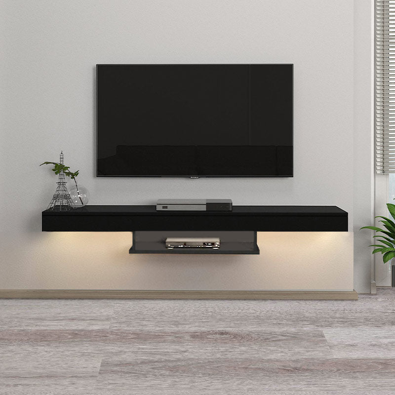 Wall-mounted CARUSSO TV stand in black with LED lighting, showcasing modern design and sleek lines.