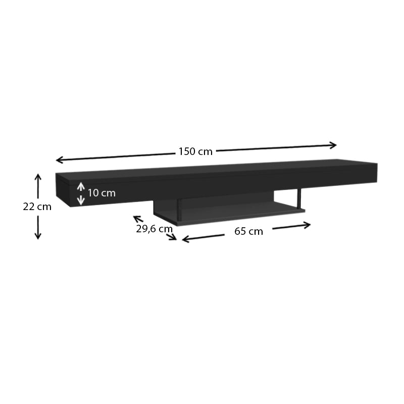 Wall-mounted CARUSSO TV stand in black with LED lighting, showcasing modern design and sleek lines.