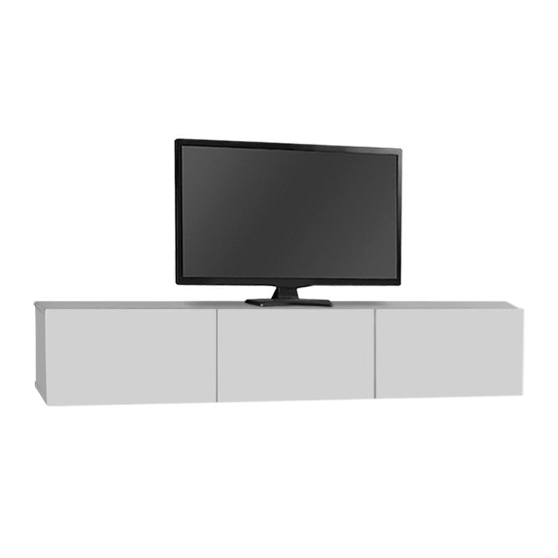 Wall-mounted CLAUDIA TV stand in white with LED lighting, showcasing modern design and spacious dimensions.