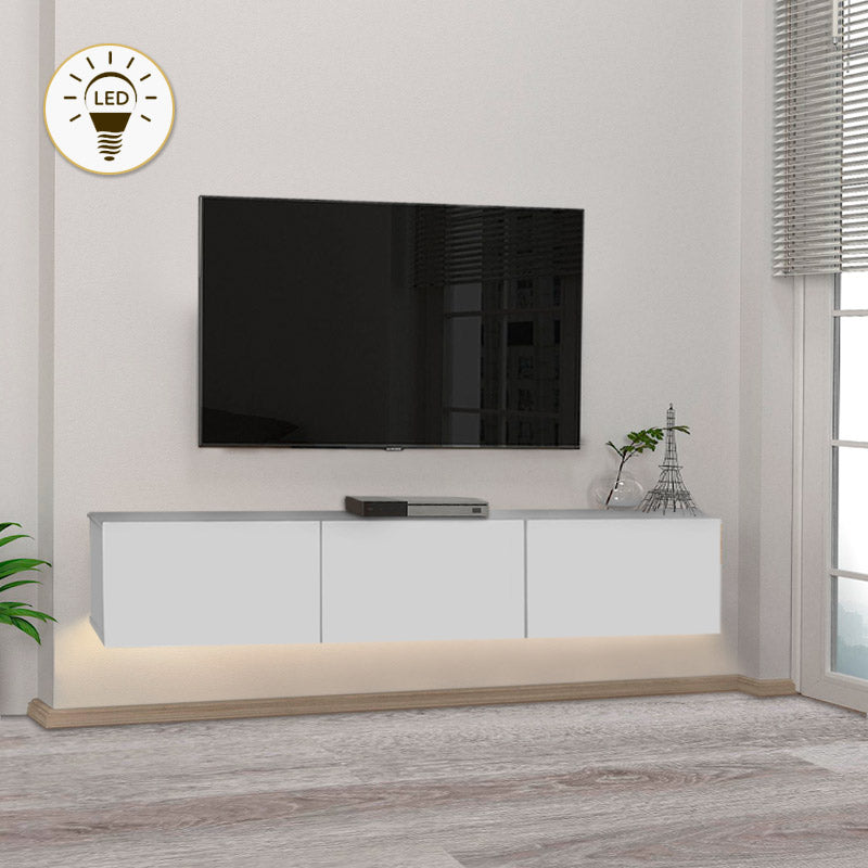 Wall-mounted CLAUDIA TV stand in white with LED lighting, showcasing modern design and spacious dimensions.