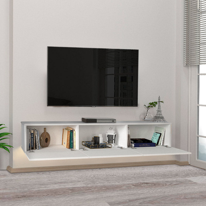 Wall-mounted CLAUDIA TV stand in white with LED lighting, showcasing modern design and spacious dimensions.