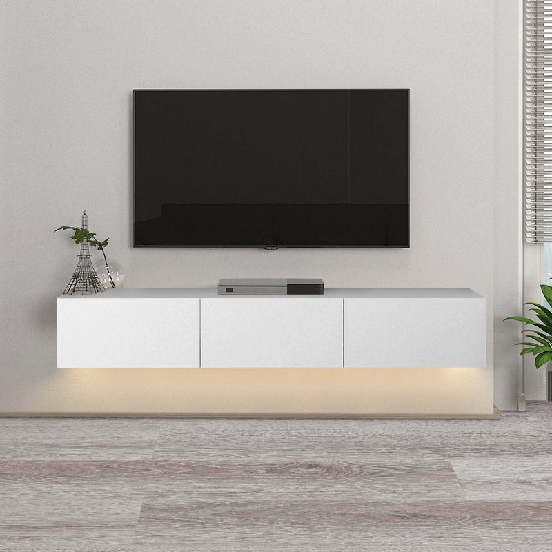 Wall-mounted CLAUDIA TV stand in white with LED lighting, showcasing modern design and spacious dimensions.