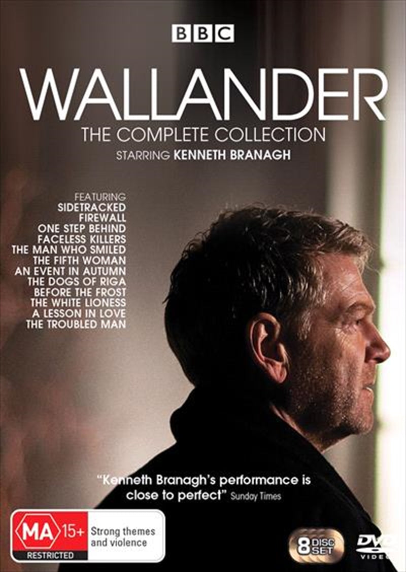 Wallander Series 1-4 DVD collection featuring Kenneth Branagh as Inspector Kurt Wallander, showcasing the complete set of twelve feature-length dramas.