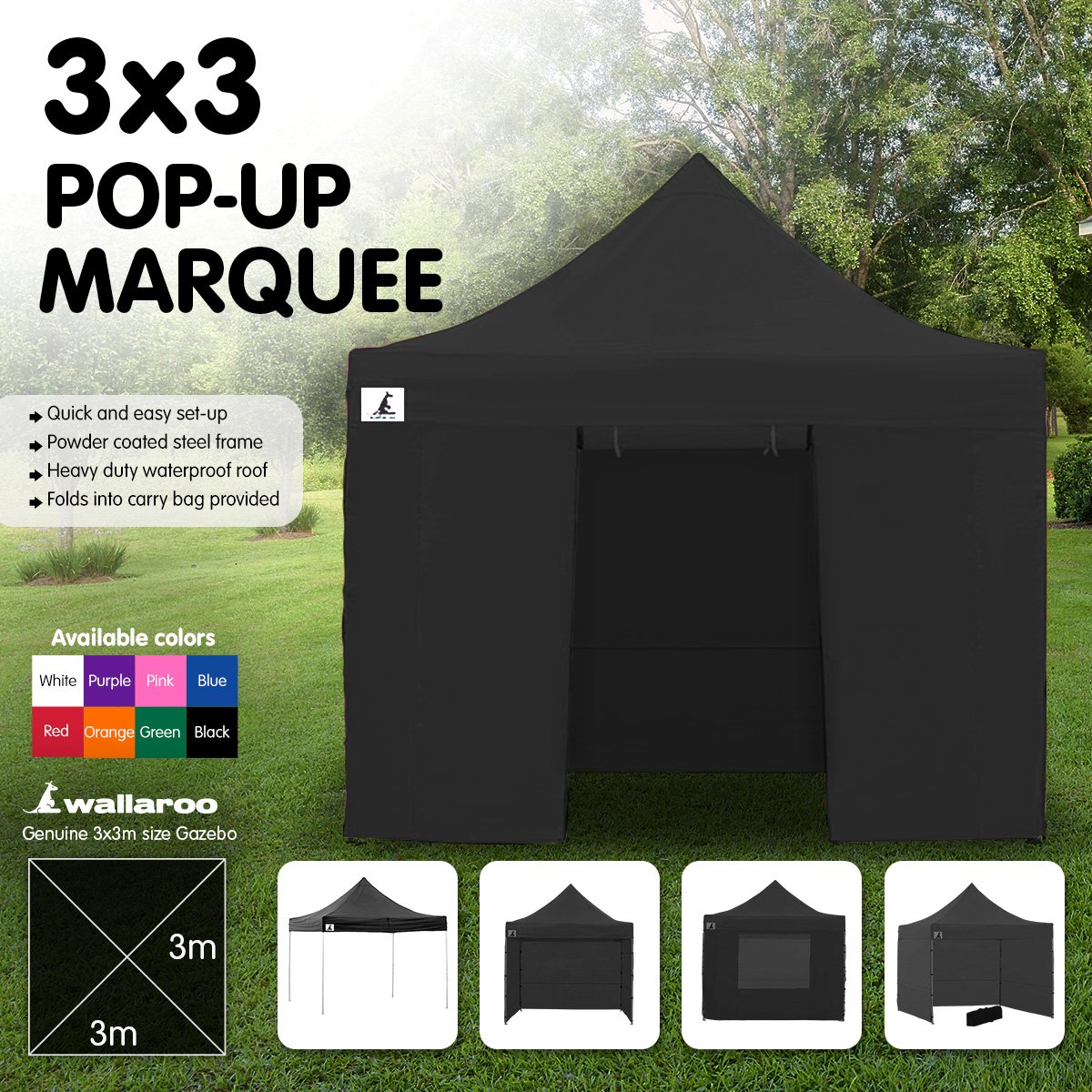 Wallaroo Gazebo Tent Marquee 3x3 PopUp in black, showcasing its sturdy frame and water-resistant roof, ideal for outdoor events.