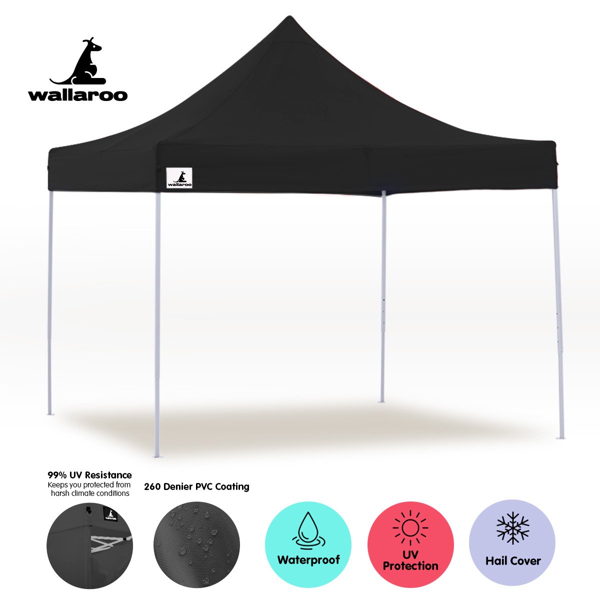 Wallaroo Gazebo Tent Marquee 3x3 PopUp in black, showcasing its sturdy frame and water-resistant roof, ideal for outdoor events.