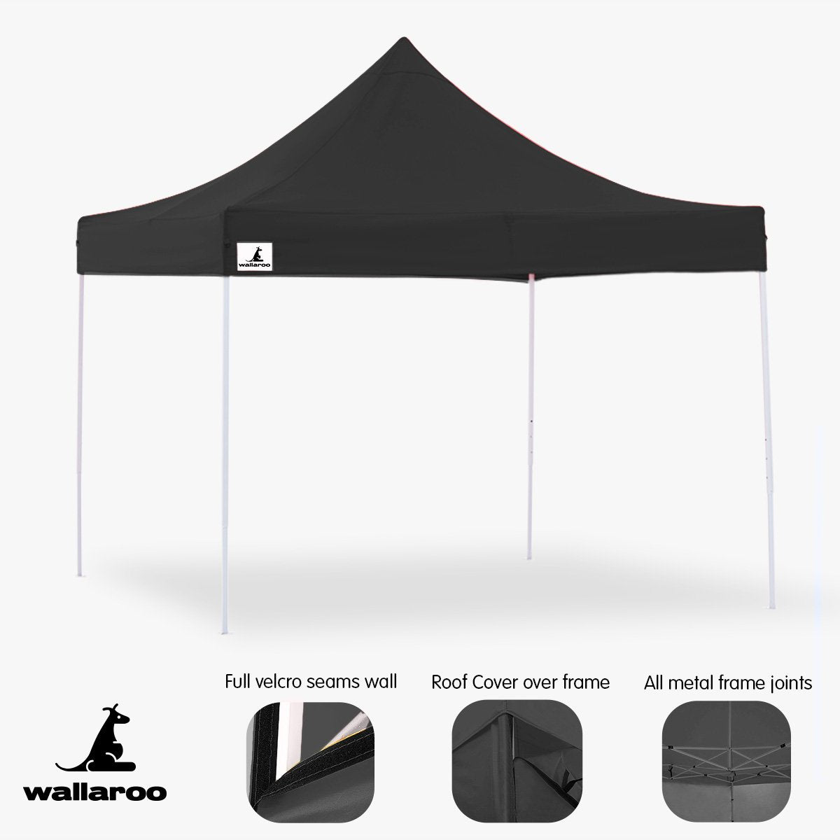 Wallaroo Gazebo Tent Marquee 3x3 PopUp in black, showcasing its sturdy frame and water-resistant roof, ideal for outdoor events.