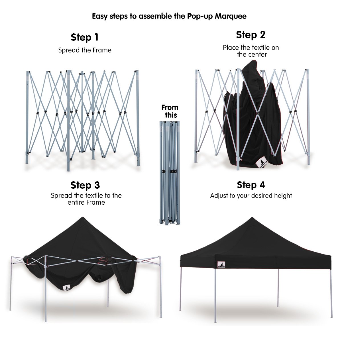 Wallaroo Gazebo Tent Marquee 3x3 PopUp in black, showcasing its sturdy frame and water-resistant roof, ideal for outdoor events.