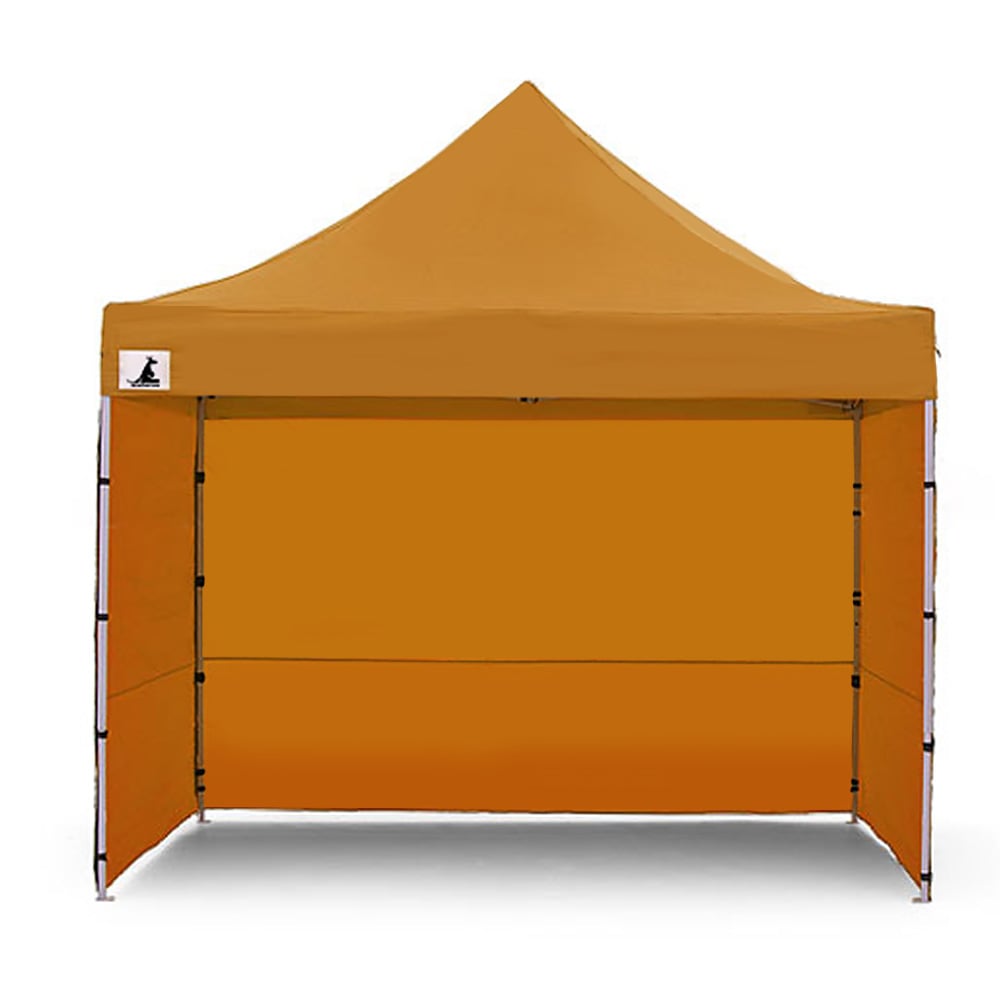 Wallaroo Gazebo Tent Marquee 3x3 in vibrant orange color, set up outdoors providing shelter from sun and rain.