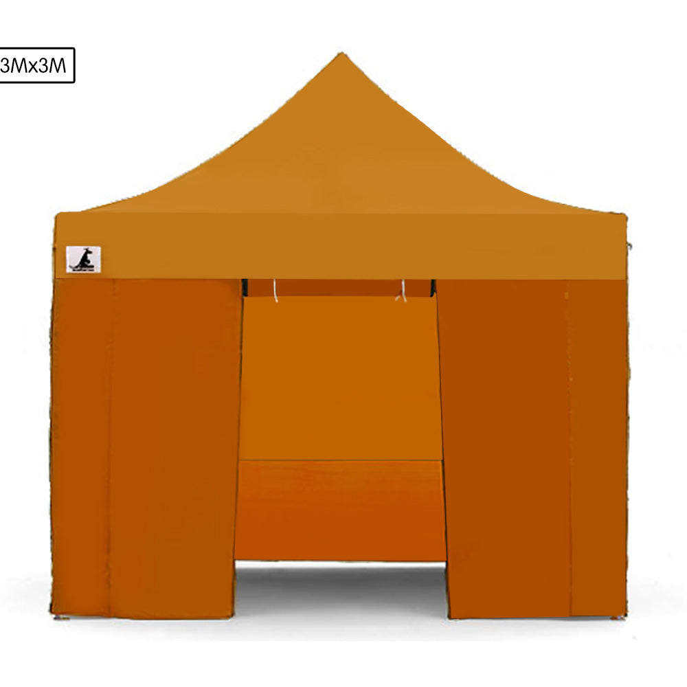 Wallaroo Gazebo Tent Marquee 3x3 in vibrant orange color, set up outdoors providing shelter from sun and rain.