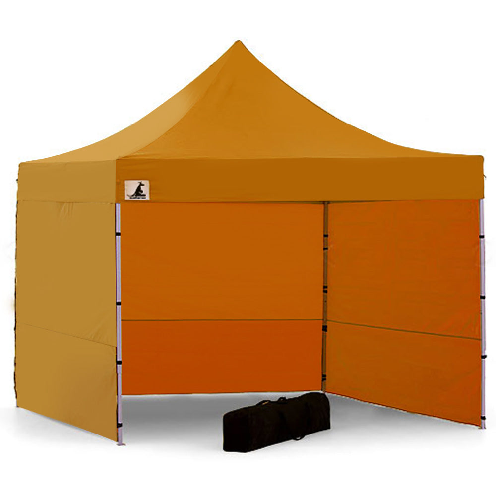 Wallaroo Gazebo Tent Marquee 3x3 in vibrant orange color, set up outdoors providing shelter from sun and rain.