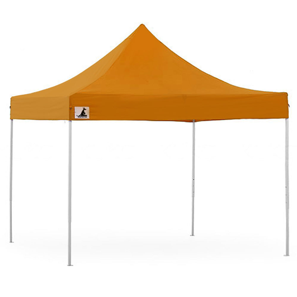 Wallaroo Gazebo Tent Marquee 3x3 in vibrant orange color, set up outdoors providing shelter from sun and rain.