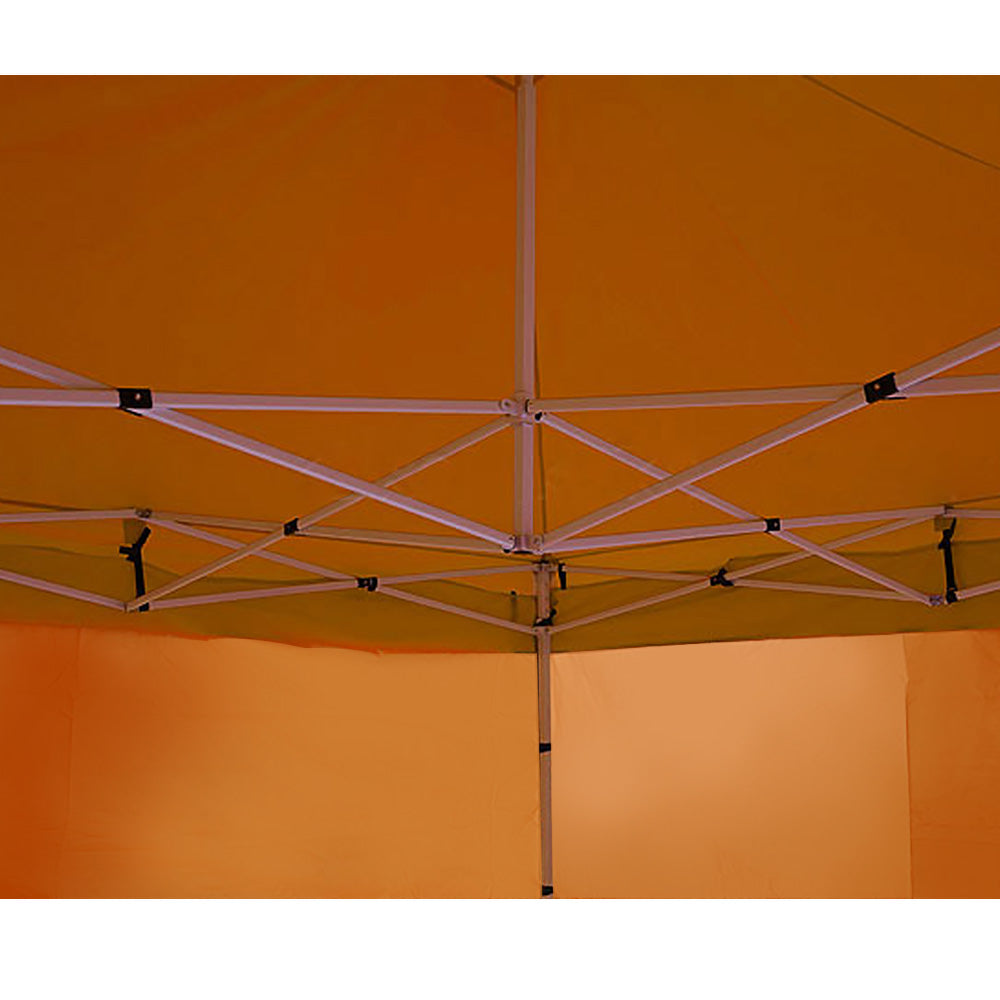 Wallaroo Gazebo Tent Marquee 3x3 in vibrant orange color, set up outdoors providing shelter from sun and rain.