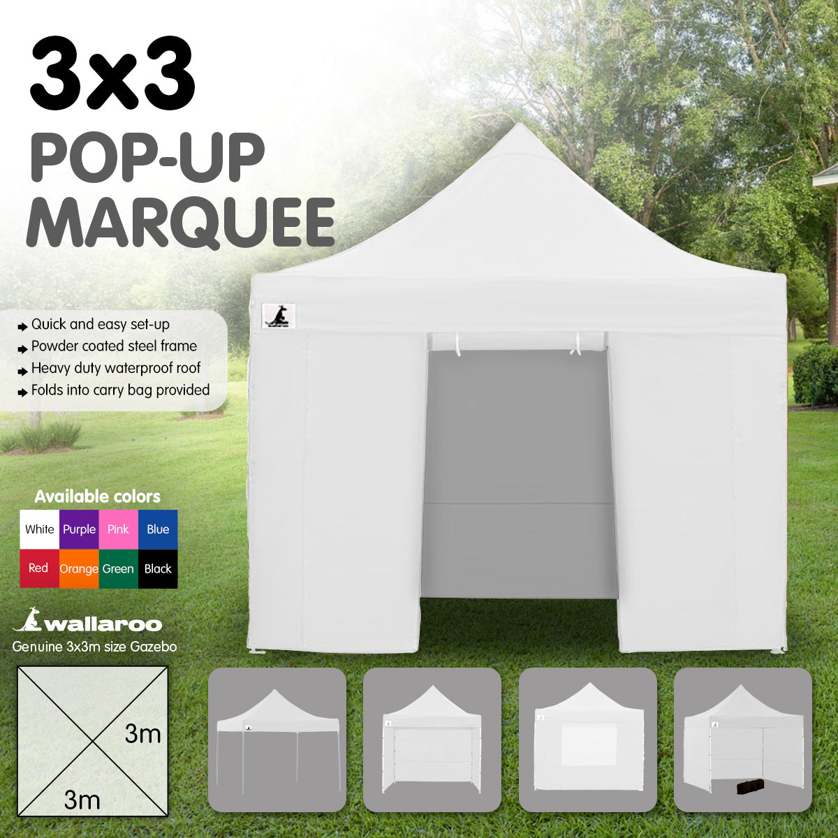 Wallaroo Gazebo Tent Marquee 3x3 in white, set up outdoors with walls attached, providing shelter for guests.