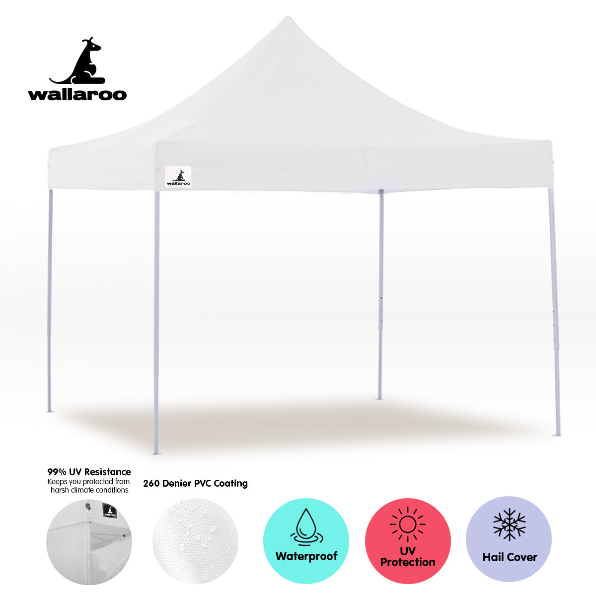 Wallaroo Gazebo Tent Marquee 3x3 in white, set up outdoors with walls attached, providing shelter for guests.