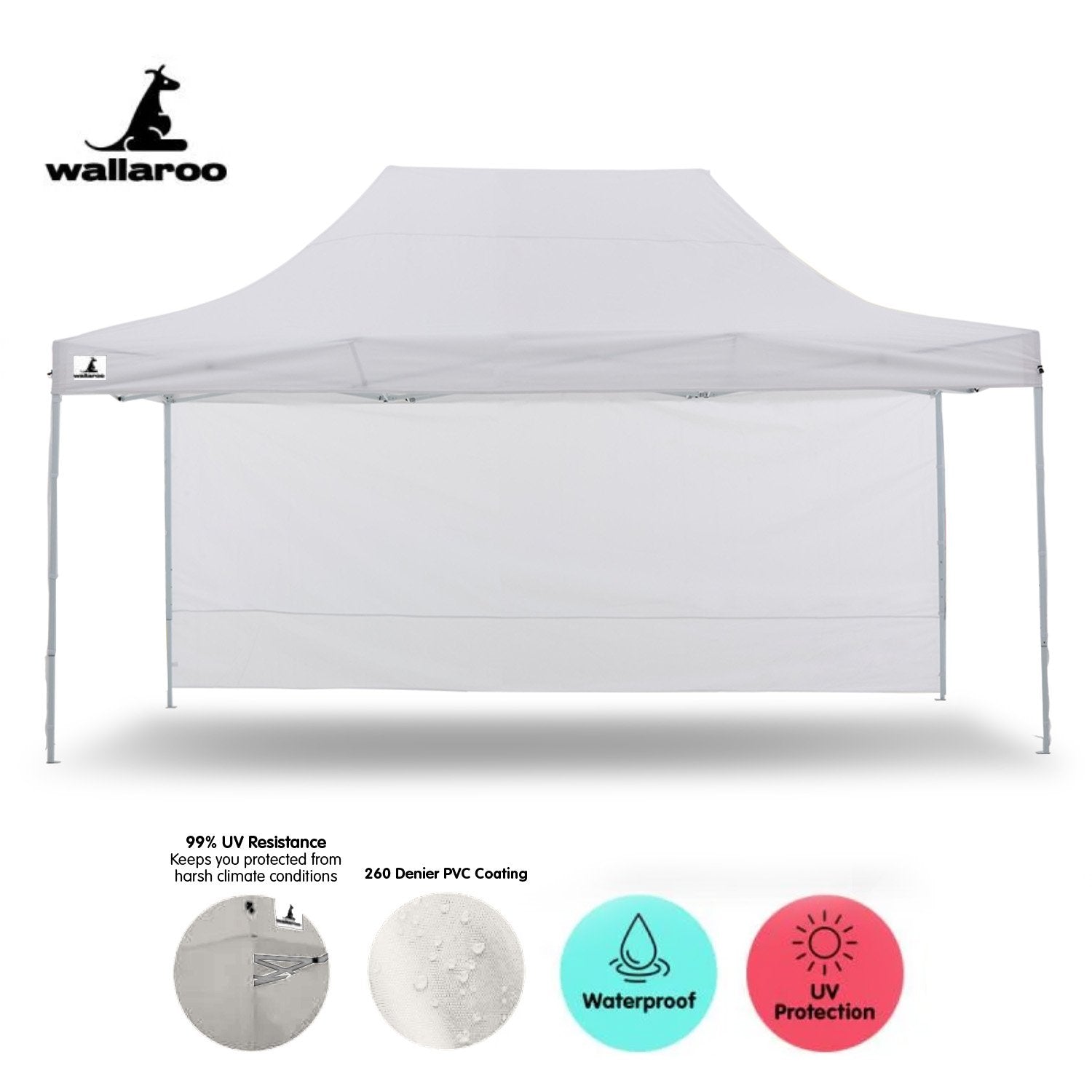 Wallaroo Gazebo Tent Marquee 3x4.5m in white, set up outdoors providing shelter for an event.