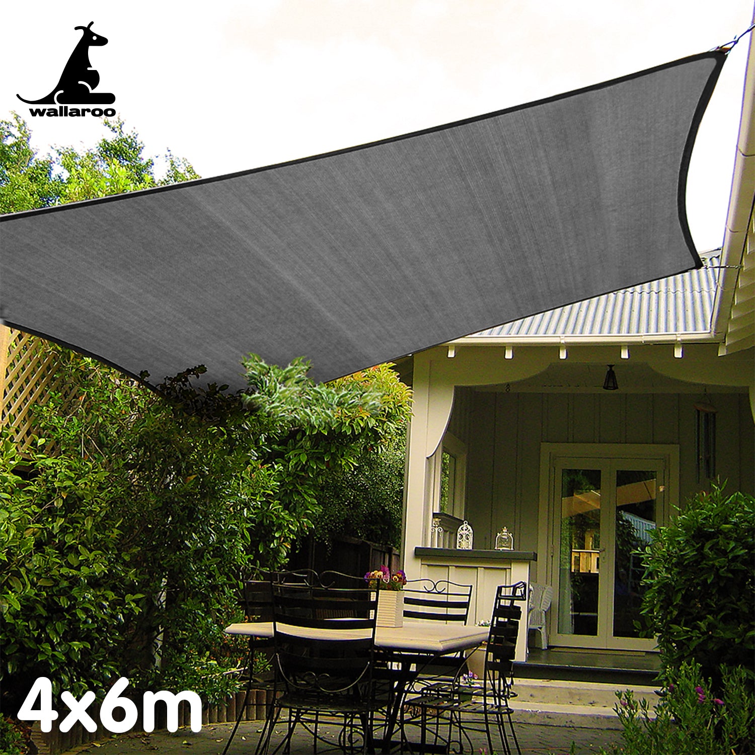 Wallaroo Outdoor Sun Shade Sail Canopy in grey, measuring 4 x 6 meters, providing shade and UV protection for outdoor spaces.