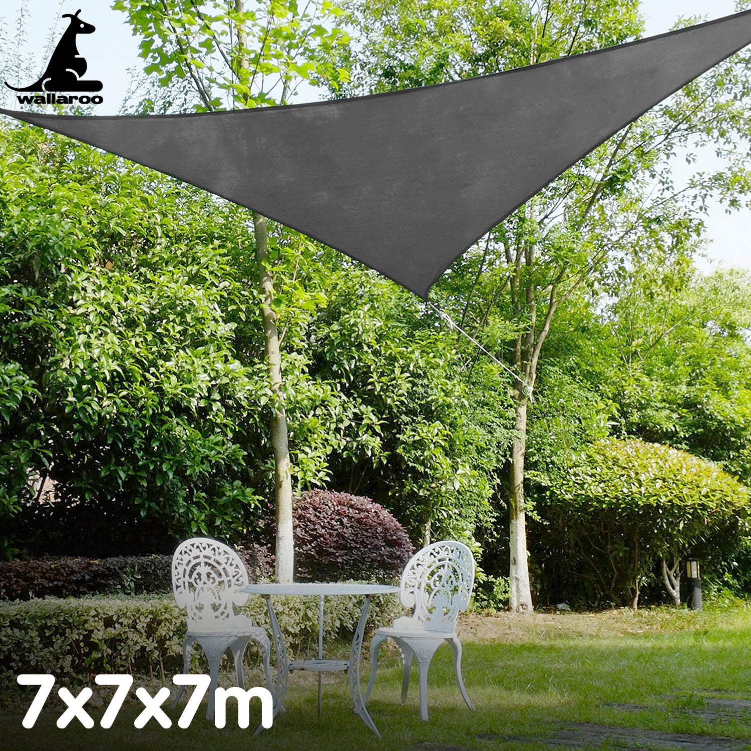 Wallaroo Outdoor Sun Shade Sail Canopy in grey, triangle shape, measuring 7 x 7 x 7M, ideal for outdoor shading.