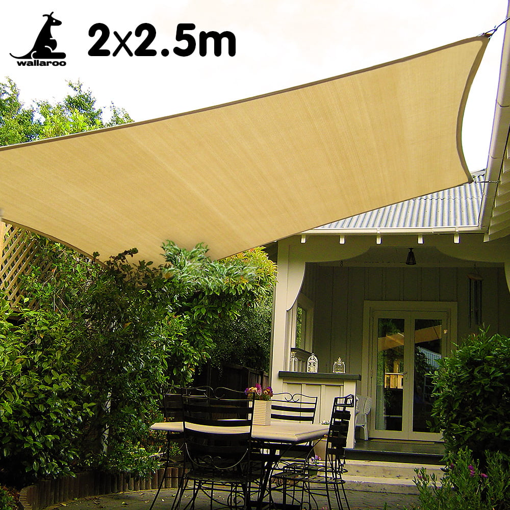 Wallaroo Rectangular Shade Sail in desert sand color, measuring 2 x 2.5m, providing shade and UV protection in an outdoor setting.