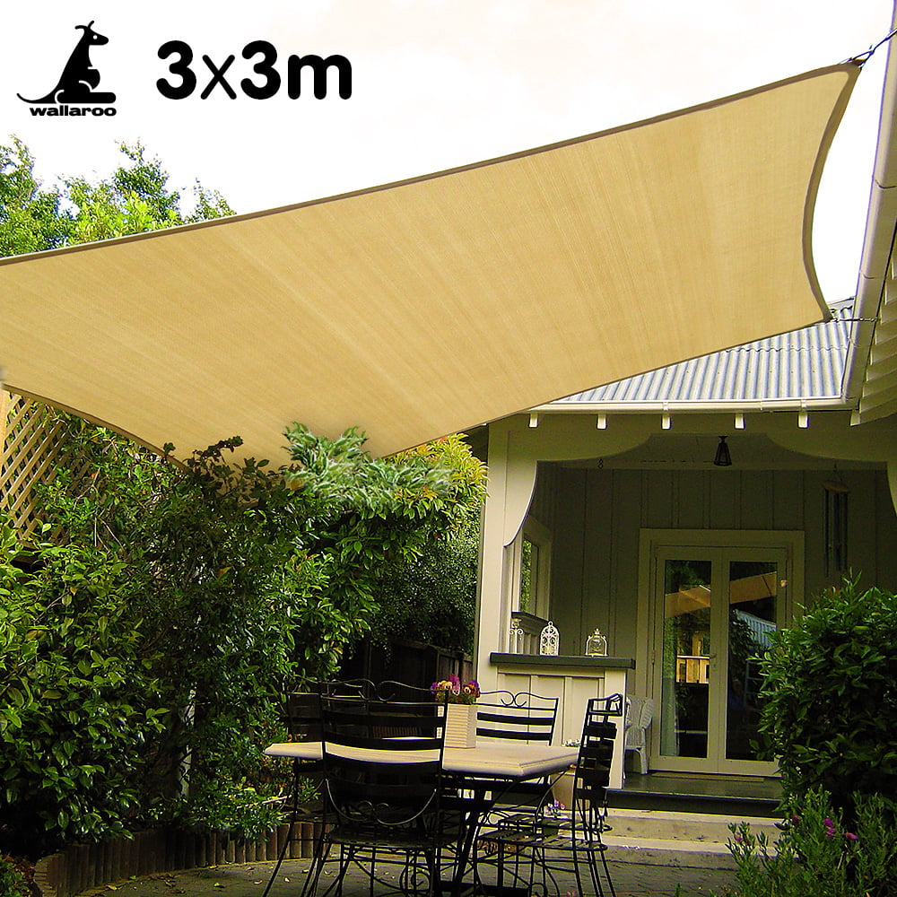 Wallaroo Square Shade Sail in desert sand color, measuring 3m x 3m, providing shade and UV protection for outdoor spaces.