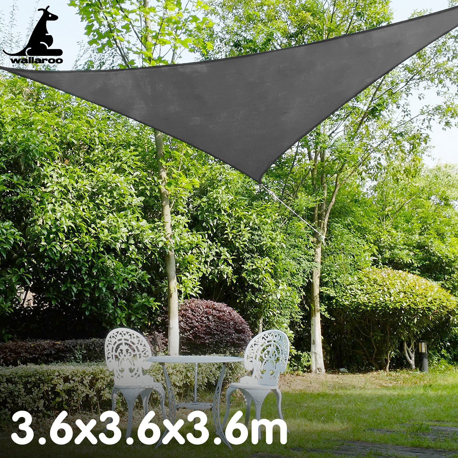 Wallaroo Triangle Shade Sail in grey, measuring 3.6 x 3.6 x 3.6M, providing UV protection and cooling shade for outdoor spaces.