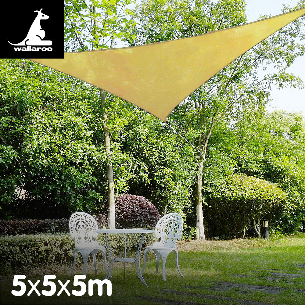 Wallaroo Triangle Shade Sail in desert sand color, measuring 5m x 5m x 5m, providing shade for outdoor spaces.