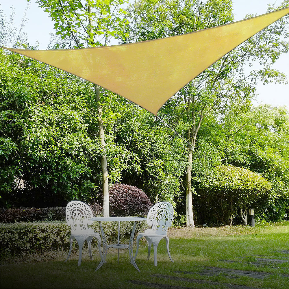 Wallaroo Triangle Shade Sail in desert sand color, measuring 5m x 5m x 5m, providing shade for outdoor spaces.