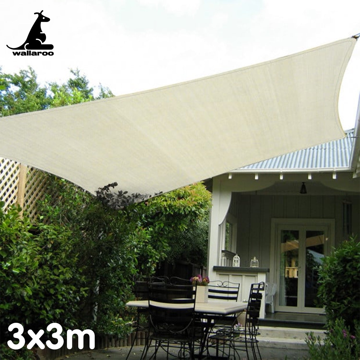 Wallaroo UV-Stabilised Waterproof Shade Sail 3x3M in cream color, showcasing its breathable fabric and stainless steel D rings.