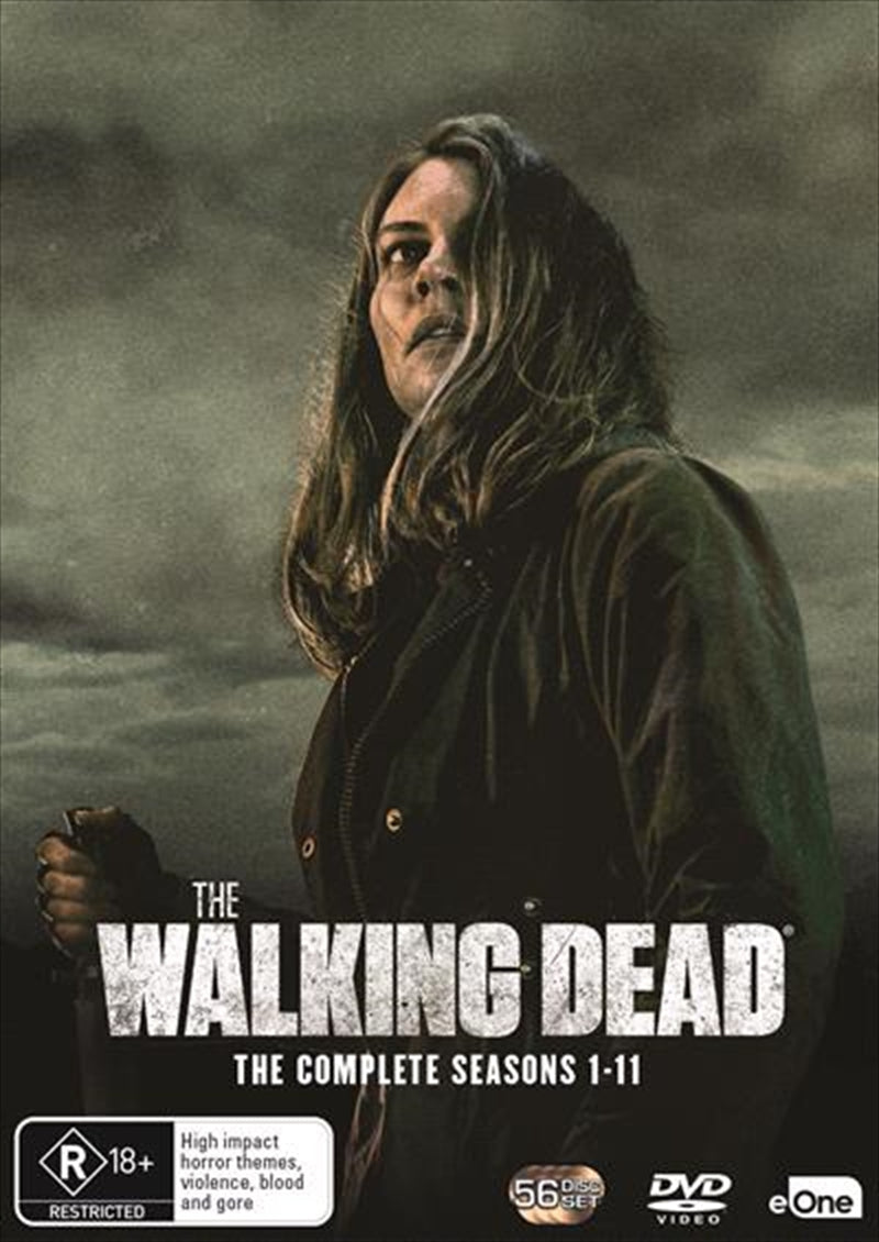 The Walking Dead DVD collection featuring Seasons 1-11 with iconic artwork and characters.