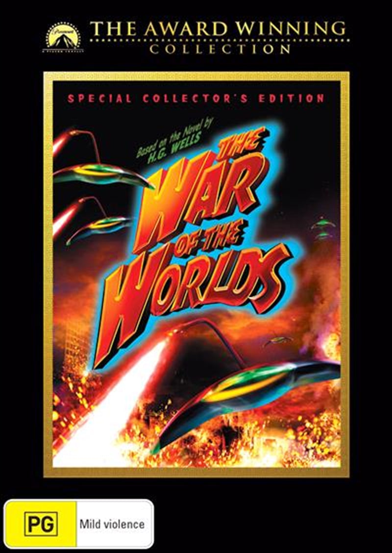 Cover of War Of The Worlds DVD featuring alien tripod machines and dramatic imagery from the film.