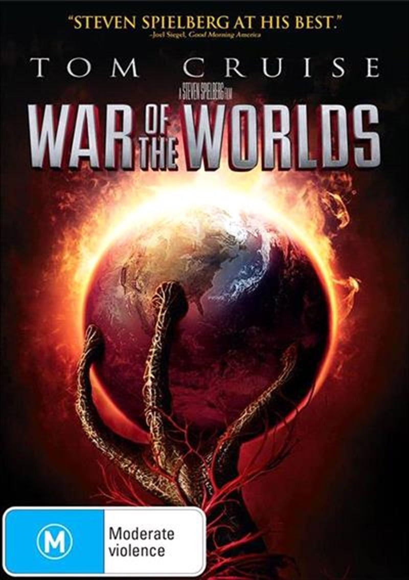 DVD cover of War Of The Worlds featuring Tom Cruise in a dramatic pose amidst a Martian invasion scene.