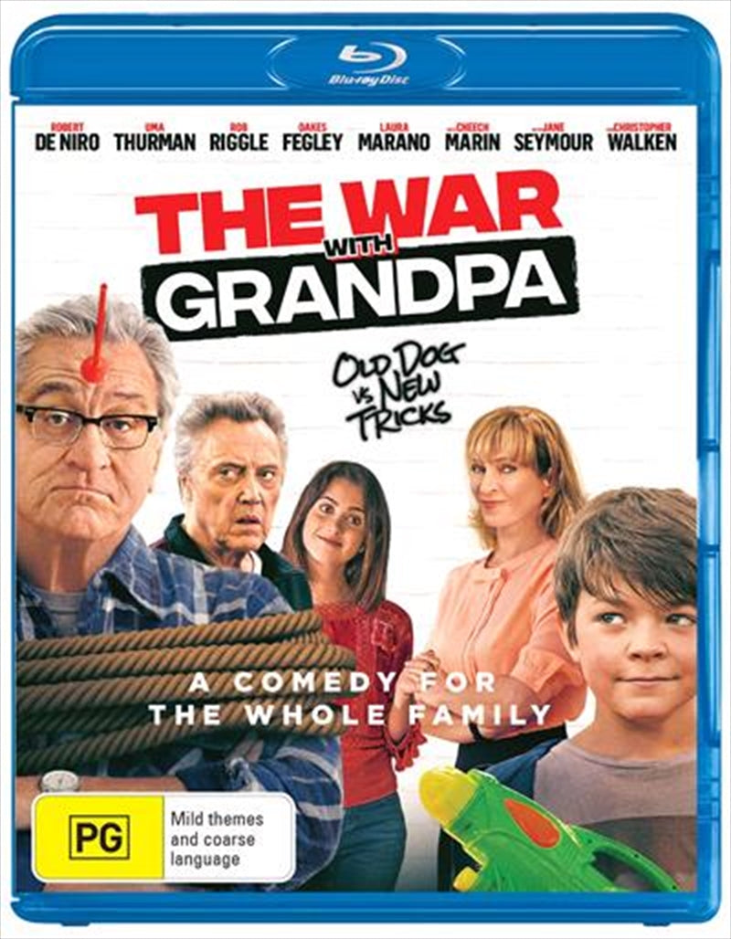 Blu-ray cover of War With Grandpa featuring Robert De Niro and a playful design showcasing the family comedy theme.