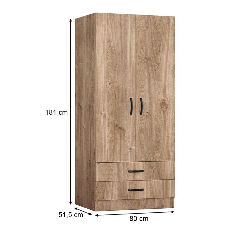 Wardrobe CAMILLE 2 doors in honey oak finish, featuring spacious design and metal knobs.