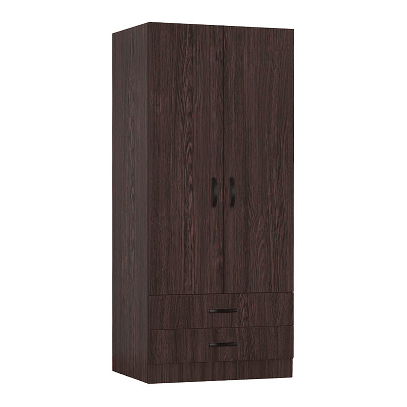 Wardrobe CAMILLE with two doors in Wenge finish, featuring a spacious interior with a metal rod for hangers and sliding drawers at the bottom.