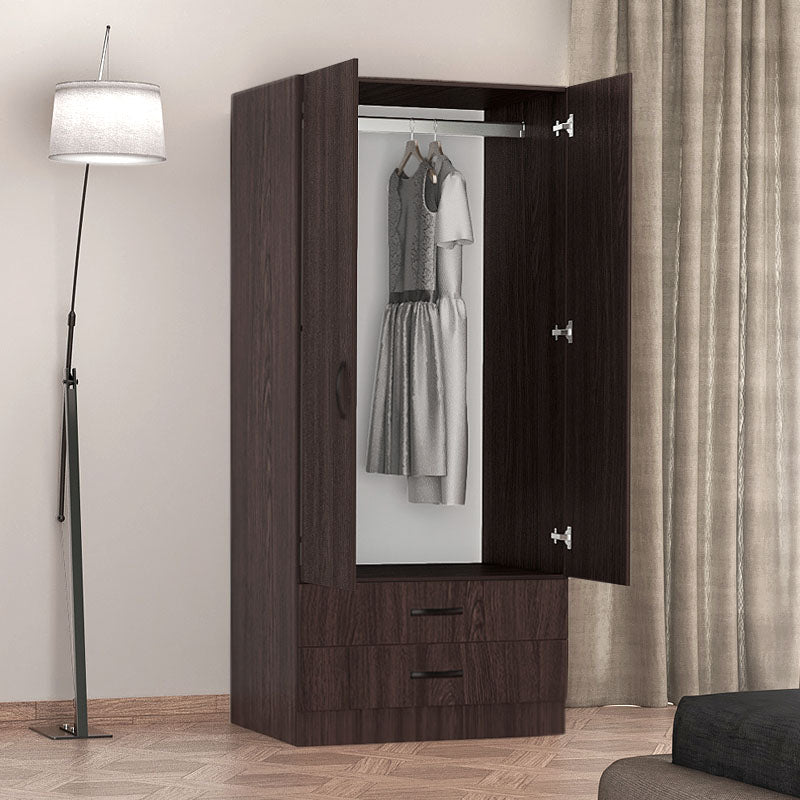 Wardrobe CAMILLE with two doors in Wenge finish, featuring a spacious interior with a metal rod for hangers and sliding drawers at the bottom.