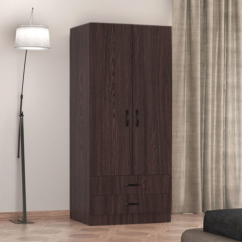 Wardrobe CAMILLE with two doors in Wenge finish, featuring a spacious interior with a metal rod for hangers and sliding drawers at the bottom.