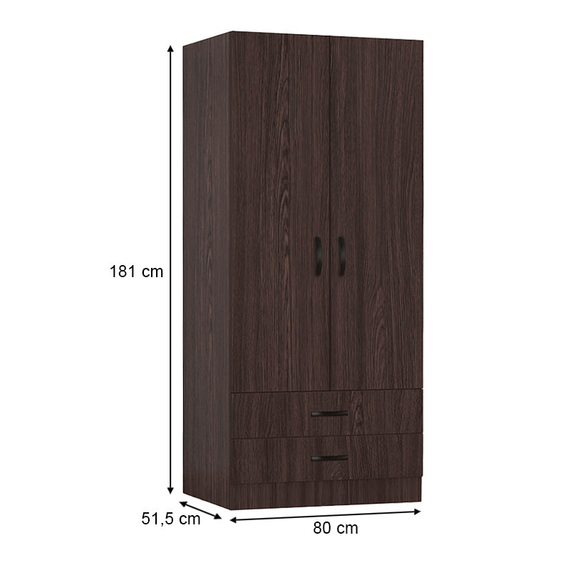 Wardrobe CAMILLE with two doors in Wenge finish, featuring a spacious interior with a metal rod for hangers and sliding drawers at the bottom.