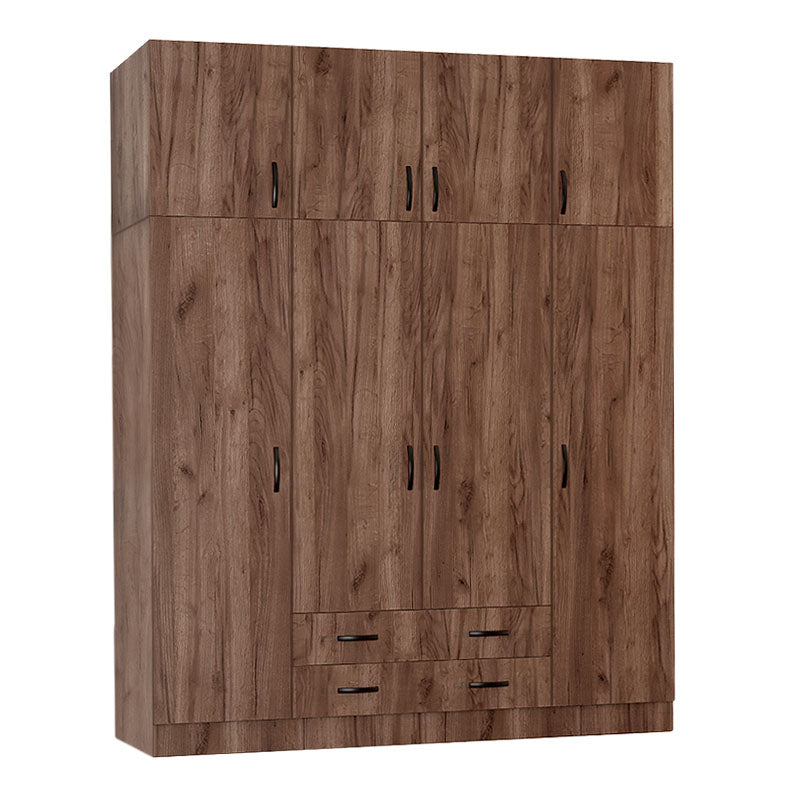 Wardrobe CAMILLE with four doors in light walnut finish, featuring adjustable shelves and sliding drawers.