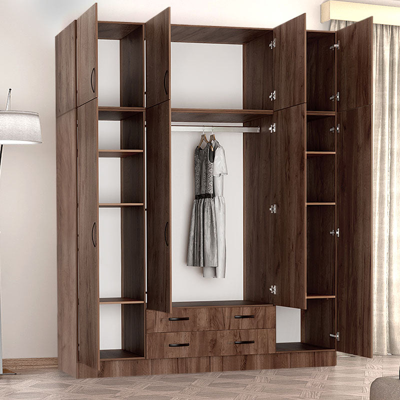 Wardrobe CAMILLE with four doors in light walnut finish, featuring adjustable shelves and sliding drawers.