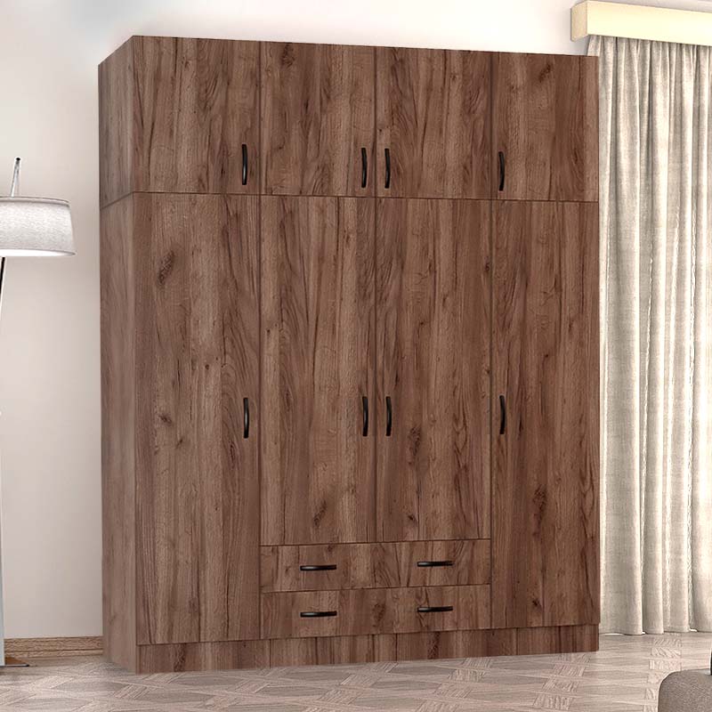 Wardrobe CAMILLE with four doors in light walnut finish, featuring adjustable shelves and sliding drawers.