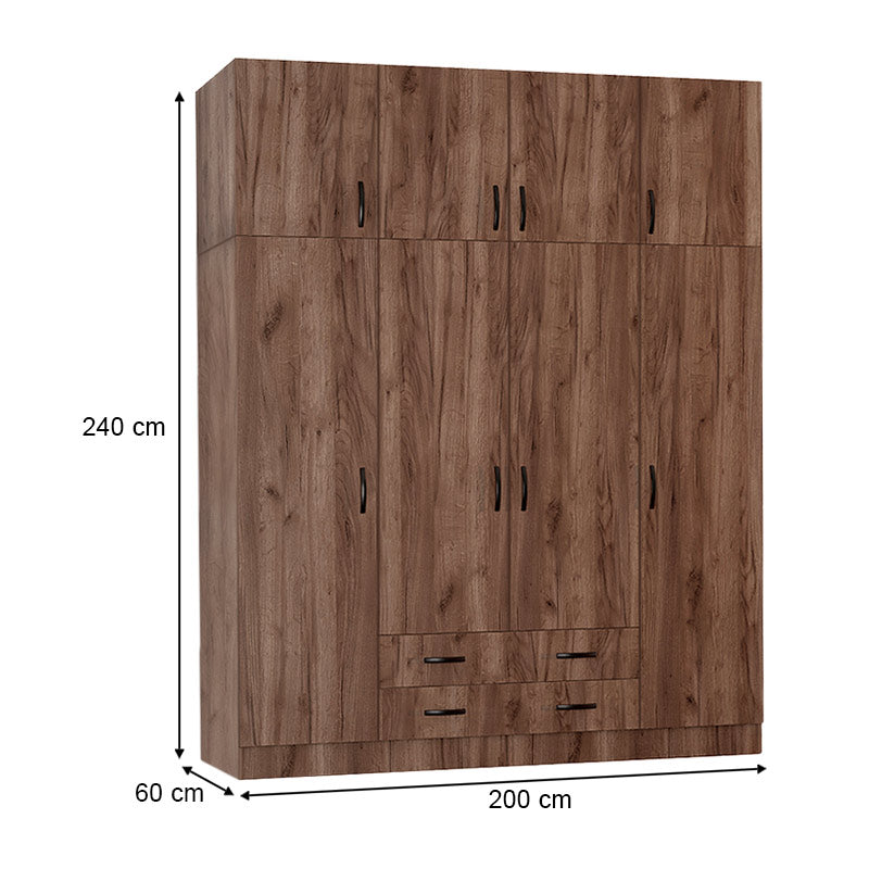 Wardrobe CAMILLE with four doors in light walnut finish, featuring adjustable shelves and sliding drawers.