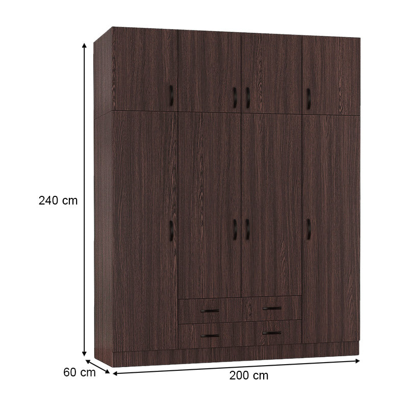 Wardrobe CAMILLE with four doors in wenge finish, featuring adjustable shelves and sliding drawers.