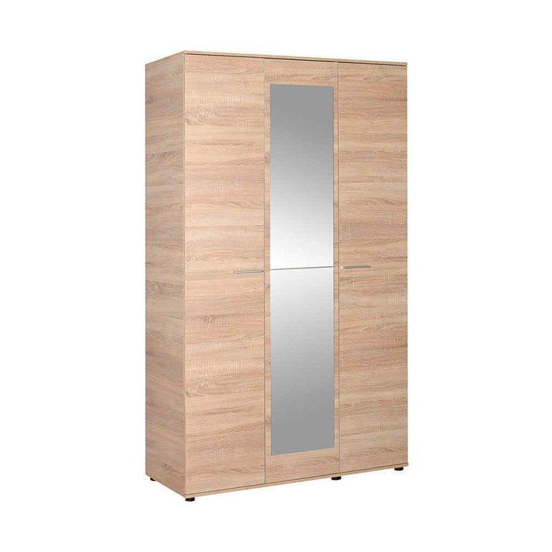 Wardrobe CANDY with three doors in sonoma color, featuring a mirror on the middle door and multiple shelves for storage.