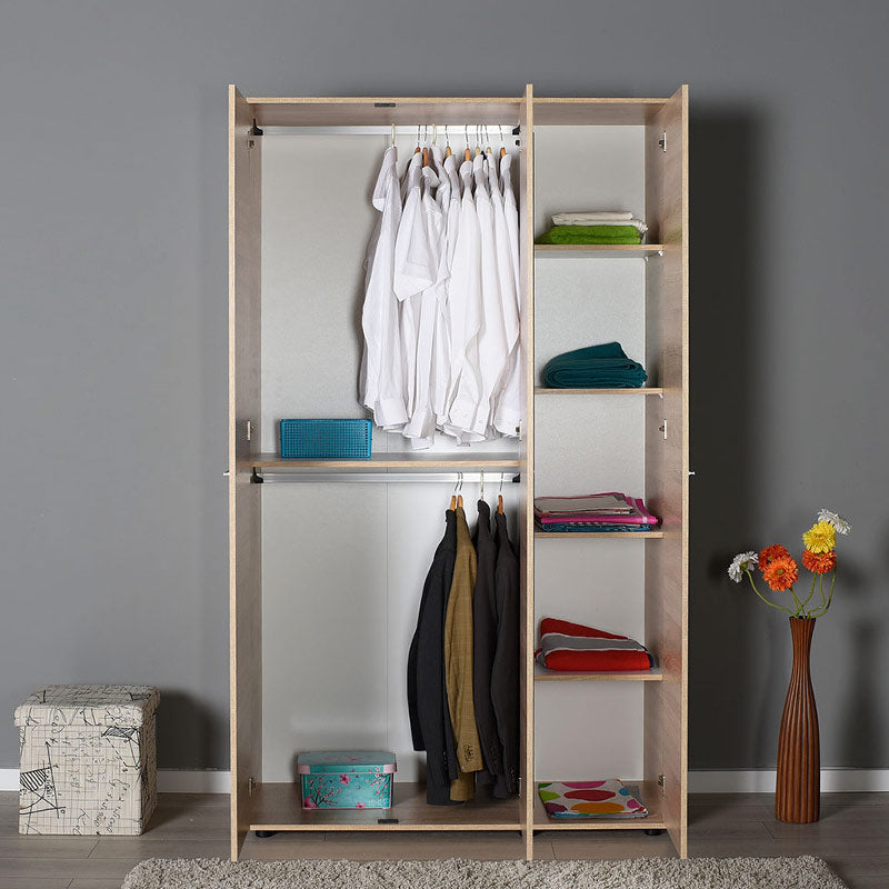 Wardrobe CANDY with three doors in sonoma color, featuring a mirror on the middle door and multiple shelves for storage.